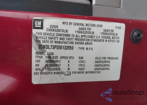 2005 Chevrolet Equinox Lt из США, поврежденный, VIN 2CNDL73F556132859